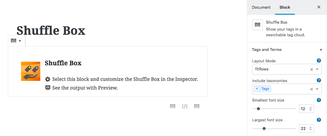 Shuffle Box - searchable tag cloud - Gutenberg - WordPress plugin